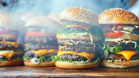 a row of hamburgers with smoke coming out of them on a table