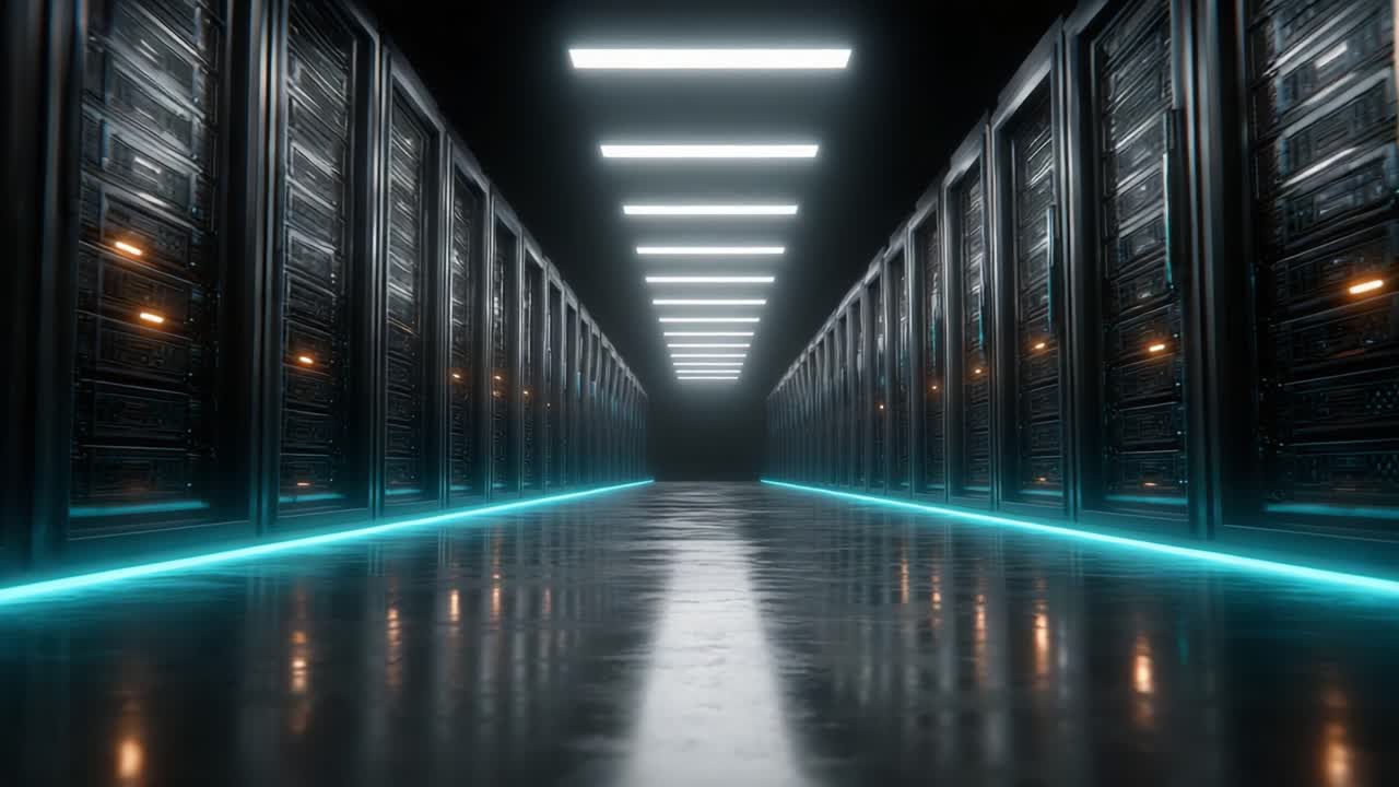 A High-Tech Data Center Corridor with Rows of Servers, Illuminated by LED Lights, Showcasing a Futuristic Infrastructure for Digital Storage and Processing