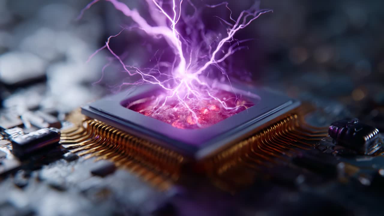 Boeiend beeld van een printplaat met uitbarstende energie in de vorm van elektrische vonken, waarmee de kruising van technologie en kracht in de kern wordt getoond