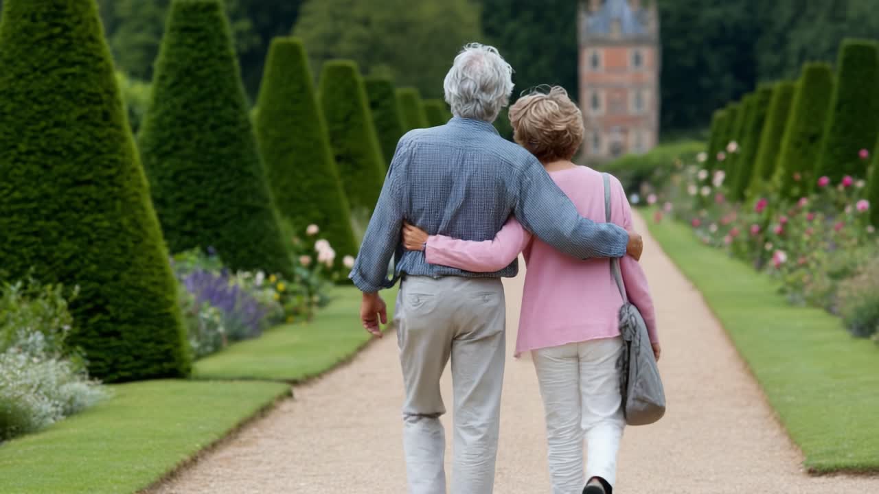 A Charming Stroll Through Lush Gardens: A Senior Couple Enjoys a Peaceful Afternoon Embracing Nature and Each Other's Company