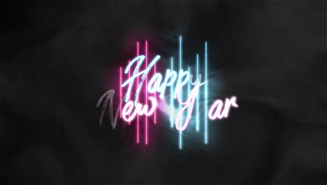 Frohes-Neues-Jahr-Mit-Neonlinien-Und-Rauch-Auf-Schwarzem-Farbverlauf