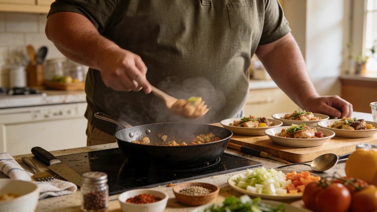 Cocinero revolviendo con polo verde oliva en la cocina después de calentar, sirviendo de la sartén en seis cuencos con una cuchara de madera.