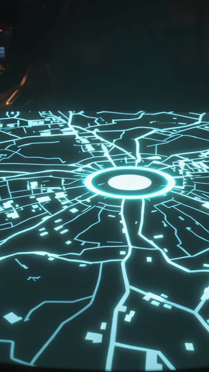 Vertical video: Starting hologram map displaying blue grid on control table monitoring central hub