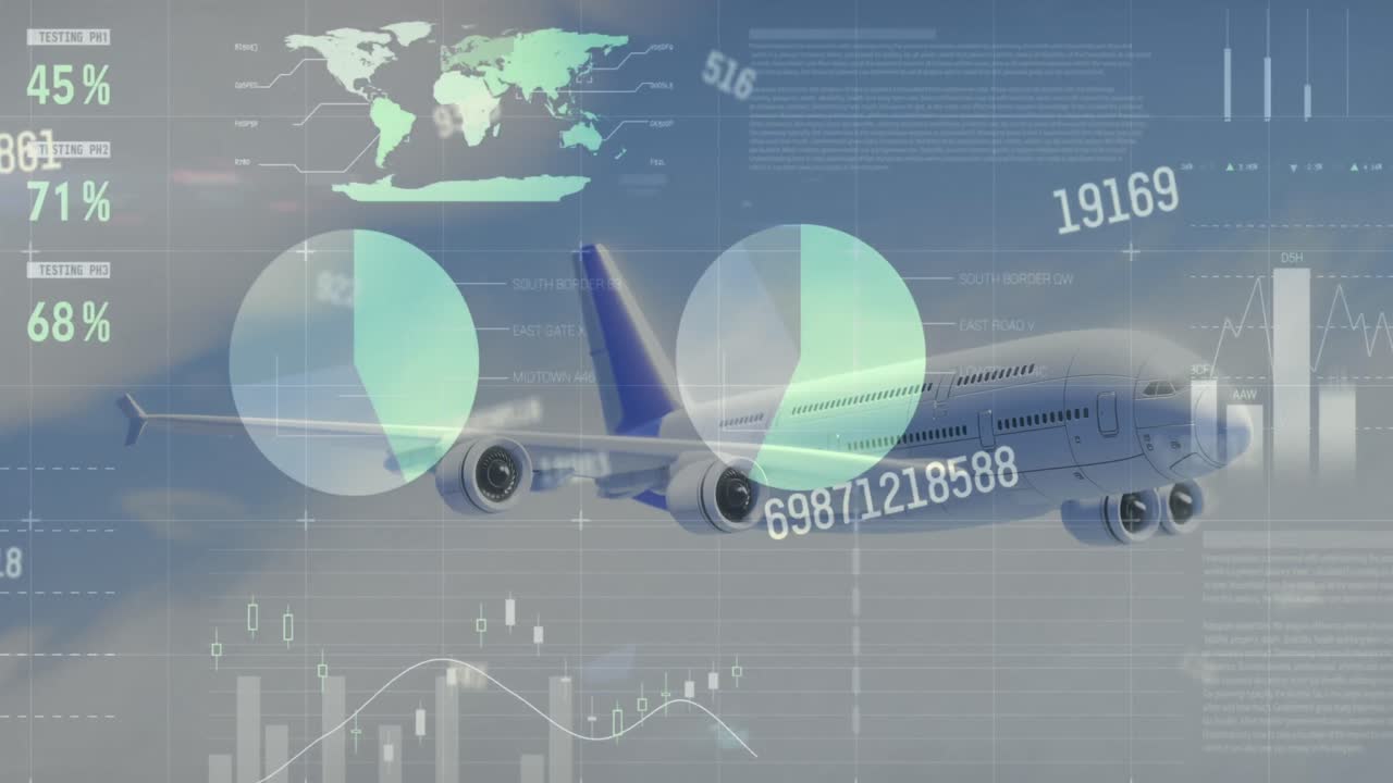 차트, 세계 지도 및 데이터 처리 항공기의 애니메이션 파란 구름 하늘에서 비행