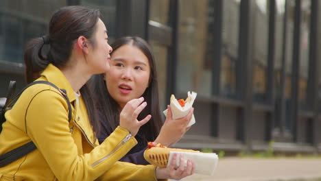 zwei junge weibliche freunde sitzen auf den stufen und essen hotdogs, die sie bei einem straßenmarktstand 1 gekauft haben.