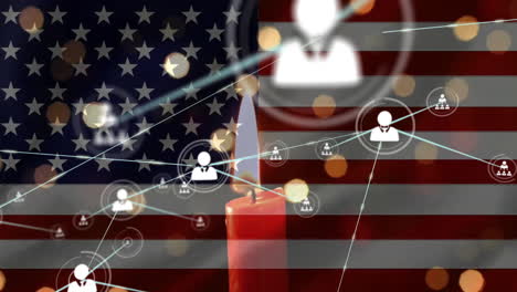 animation of network of people icons over flag of america, candle and light spots