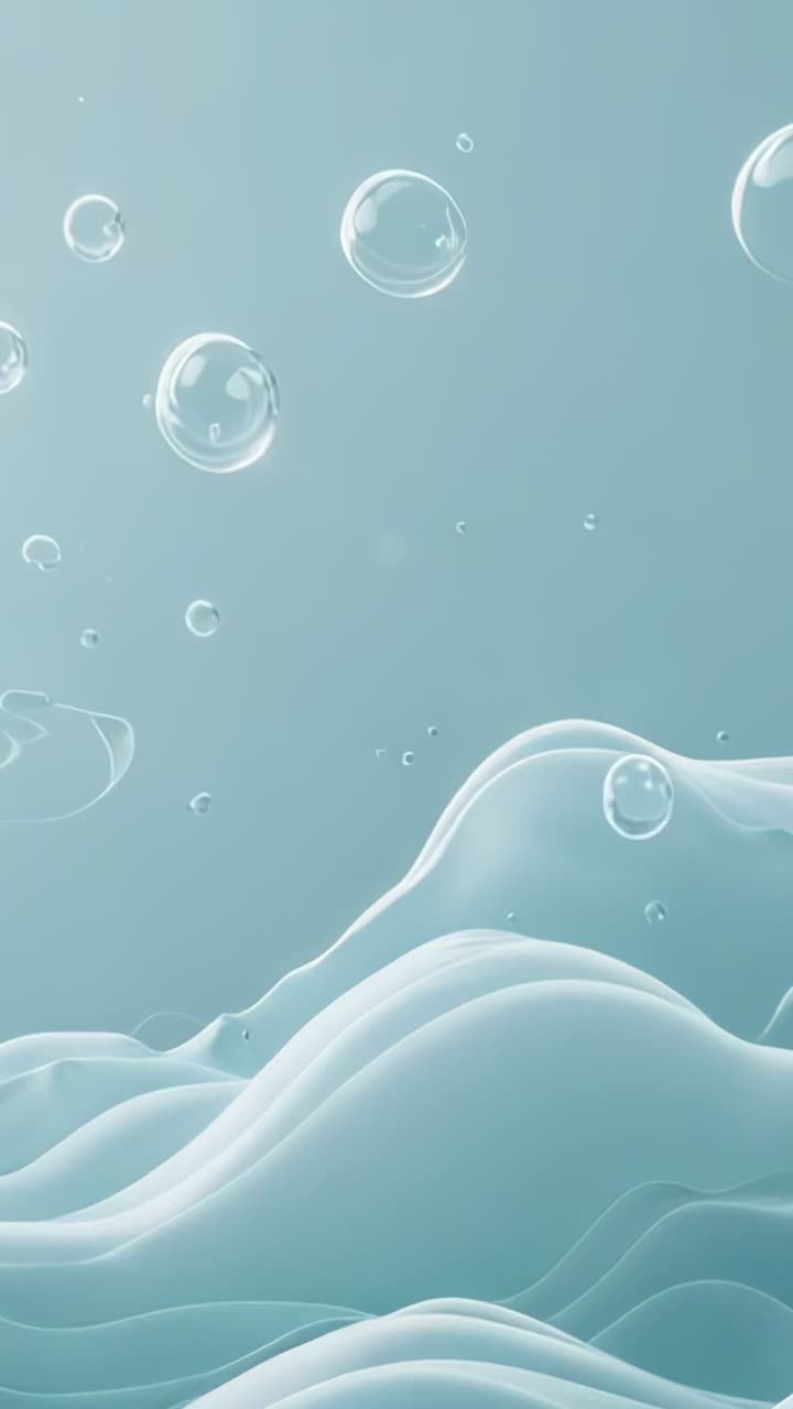 Vertical video: Starting animation showing translucent bubbles rising over foam waves in turquoise