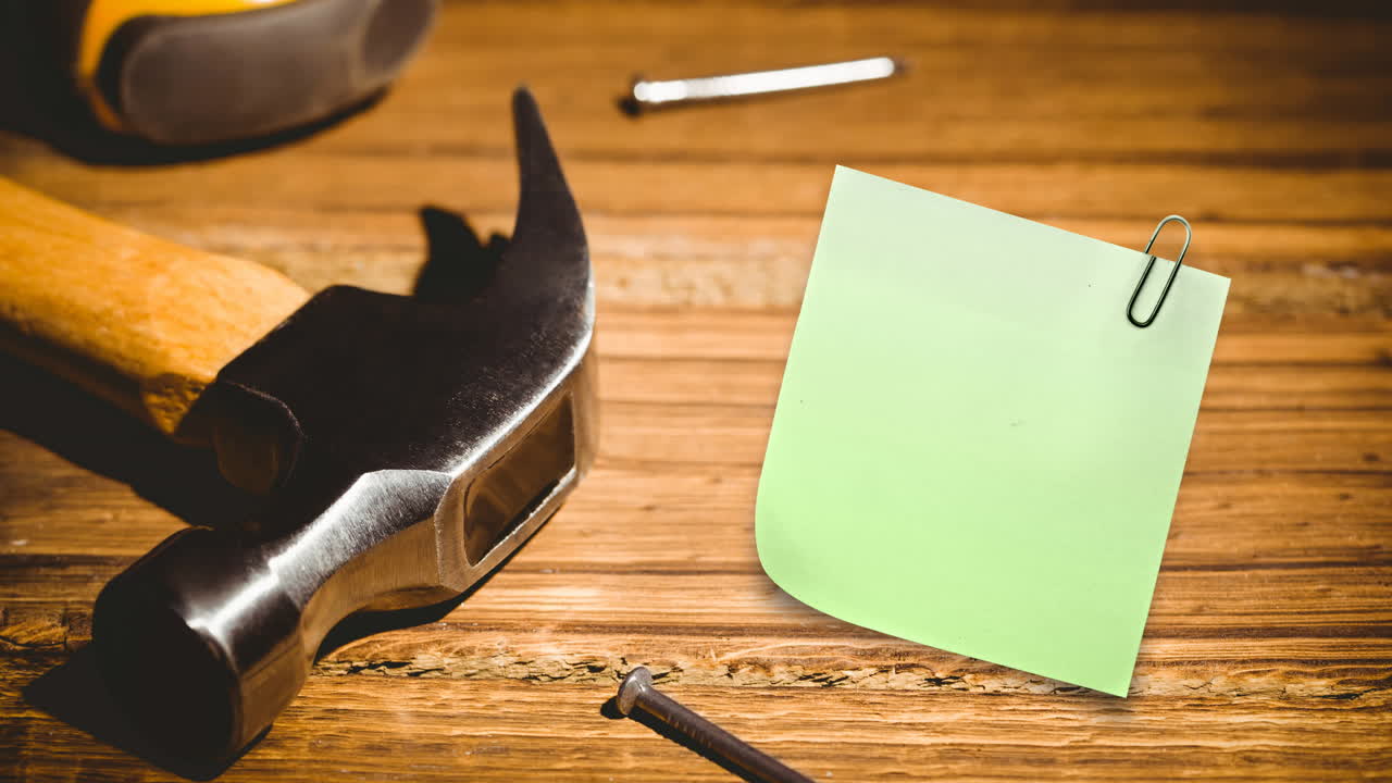 Animation of memo note with copy space over hammer and nails on desk