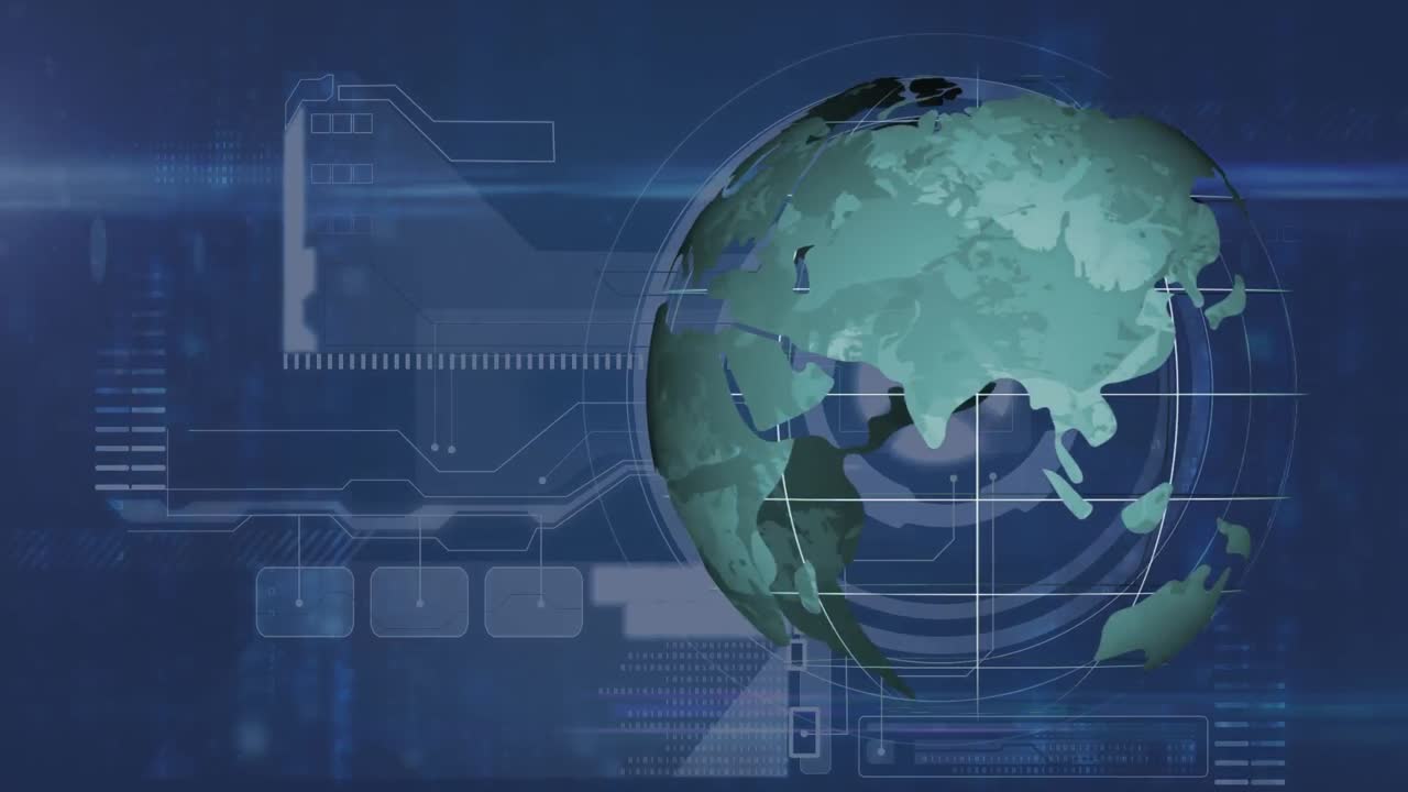 Animation of globe rotating over blue background with diverse data