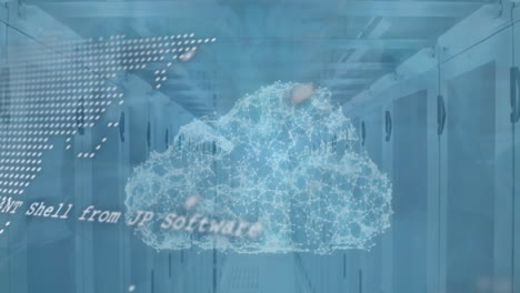 animación del procesamiento de datos con nube y mapa del mundo sobre la sala del servidor
