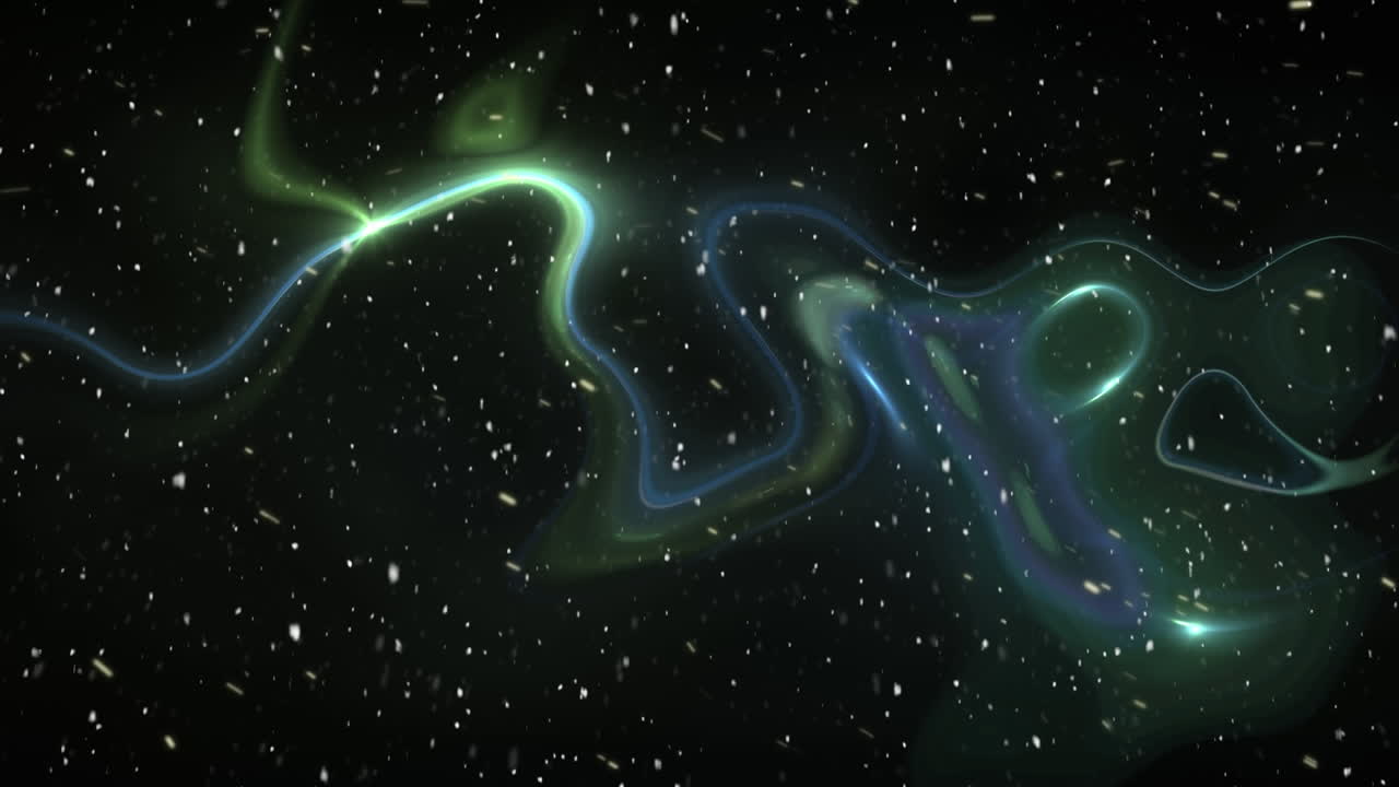 검은 바탕 위에서 흐르는 반 ⁇ 이는 빛의 파도 위에 떨어지는 눈의 디지털 애니메이션