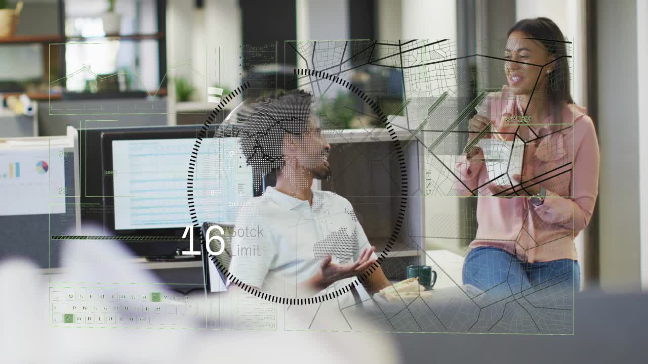 Two coworkers chatting on office break, man gesturing woman eating, HUD fading in animating numbers