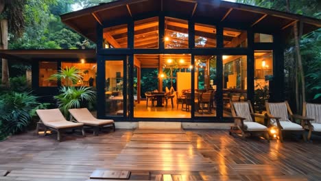 a wooden dock leading to a house in the middle of a lush green forest