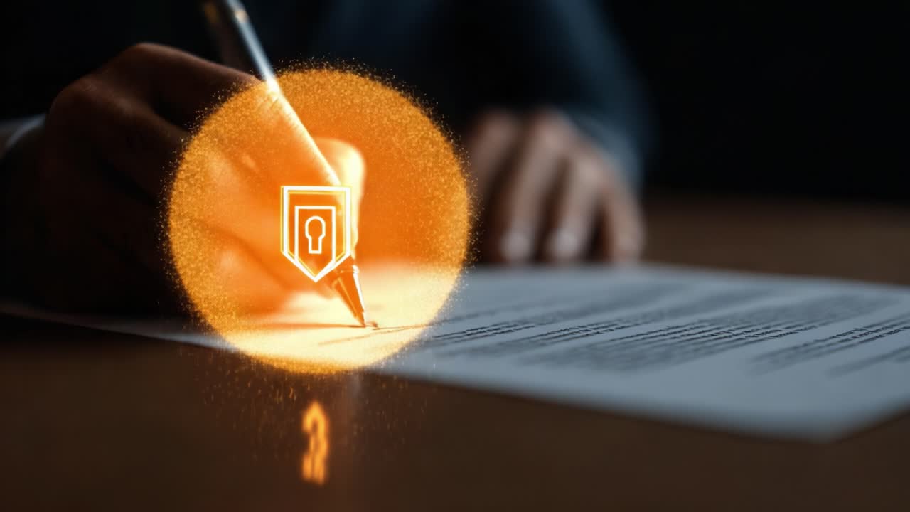 A Close-Up View of a Hand Writing with a Pen, Embellished with Sparkling Effects, Signifying Security and Attention in Documentation Processes