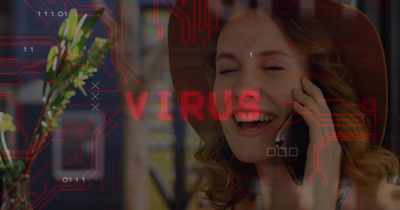 Woman Laughing While Talking on Smartphone with Digital Virus Overlay