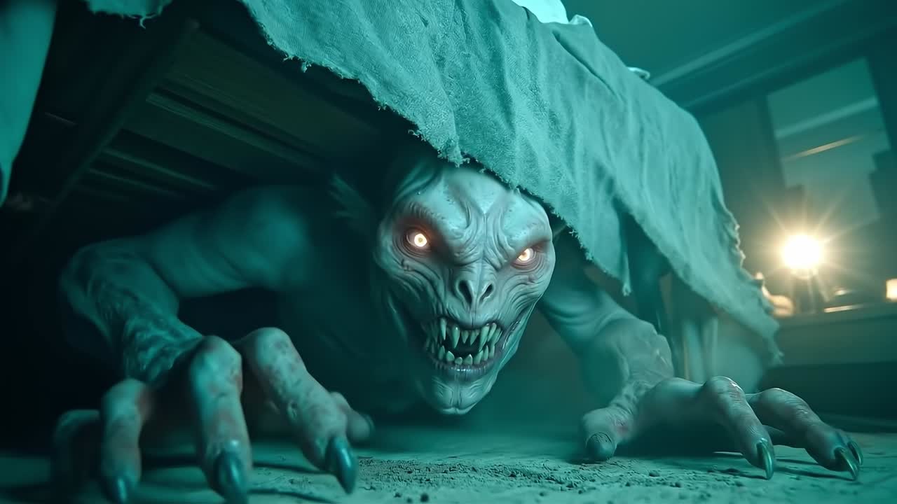 A creepy creature hiding under a bed in a dark room