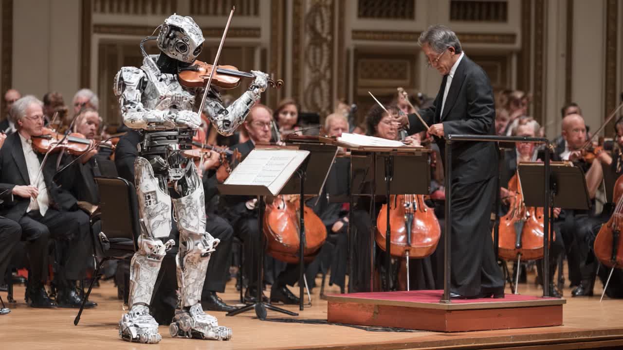 A Robotic Musician Performs Violin with Orchestra Conductor at Symphony Hall, Blending Technology and Artistry in a Captivating Performance