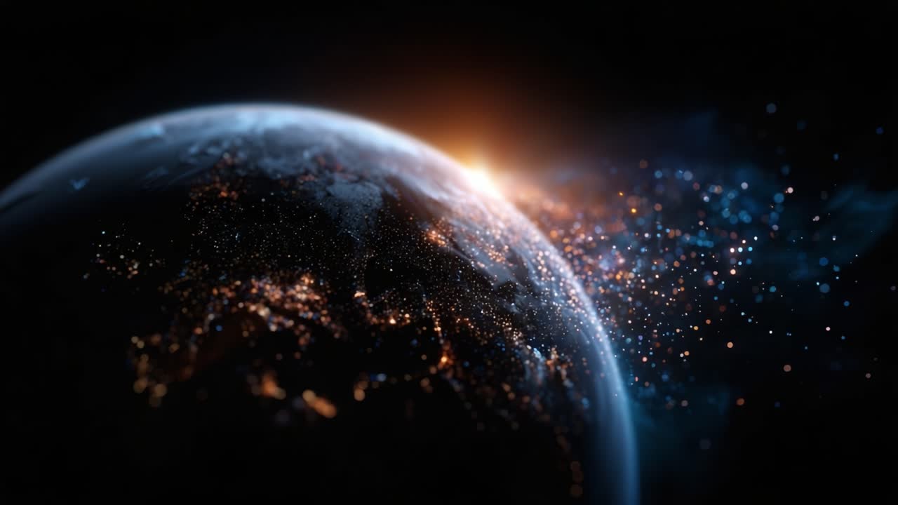 A breathtaking view of Earth illuminated by dawn's light, showcasing its vibrant landscapes and shimmering city lights against a cosmic backdrop of stars and space
