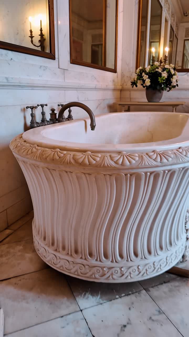Boston, USA, 5 May 2025: Carved white marble bathtub with antique brass water fixtures. Close up of a decorative marble bathtub with shell patterns and brass taps in a marble bathroom