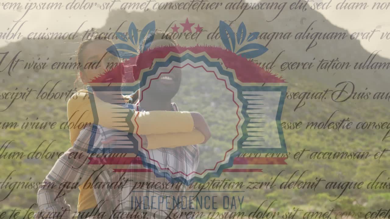 웃는 다양한 커플이 포옹하는 독립기념일 텍스트의 애니메이션