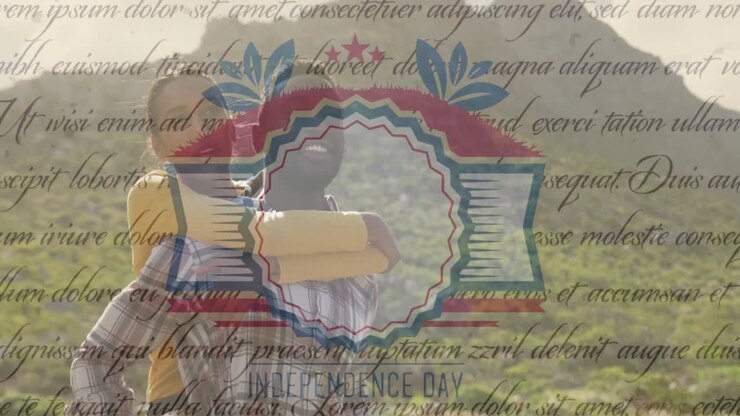 Animation of independence day text over smiling diverse couple embracing