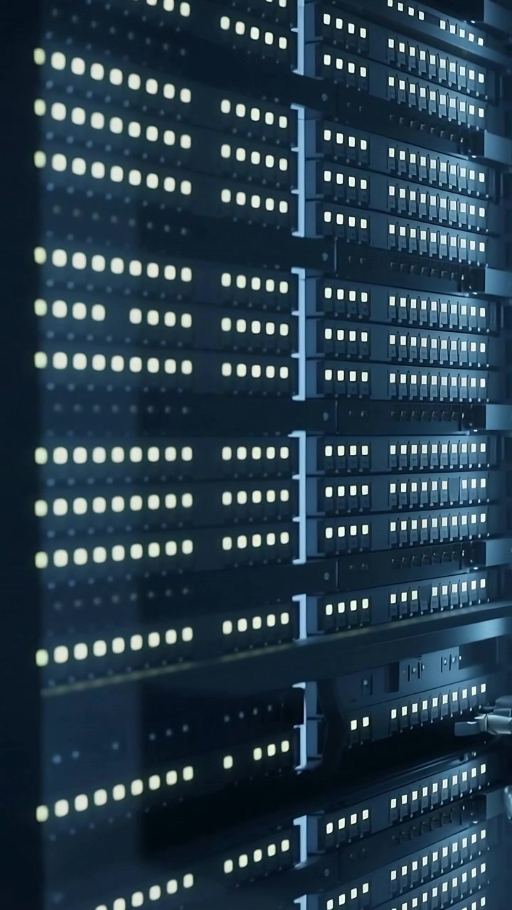 Vertikal video: Panorerende kamera afslører et rackmonteret LED-panel i et serverrum, der viser kabelføringer.