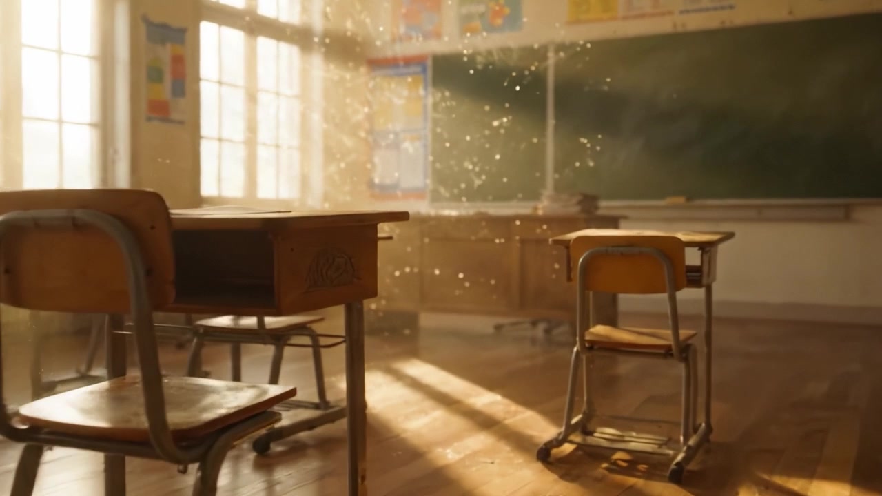暖かな光に包まれた穏やかな教室：陽光に舞う塵の粒子が織りなす学習空間の静けさと雰囲気を捉える