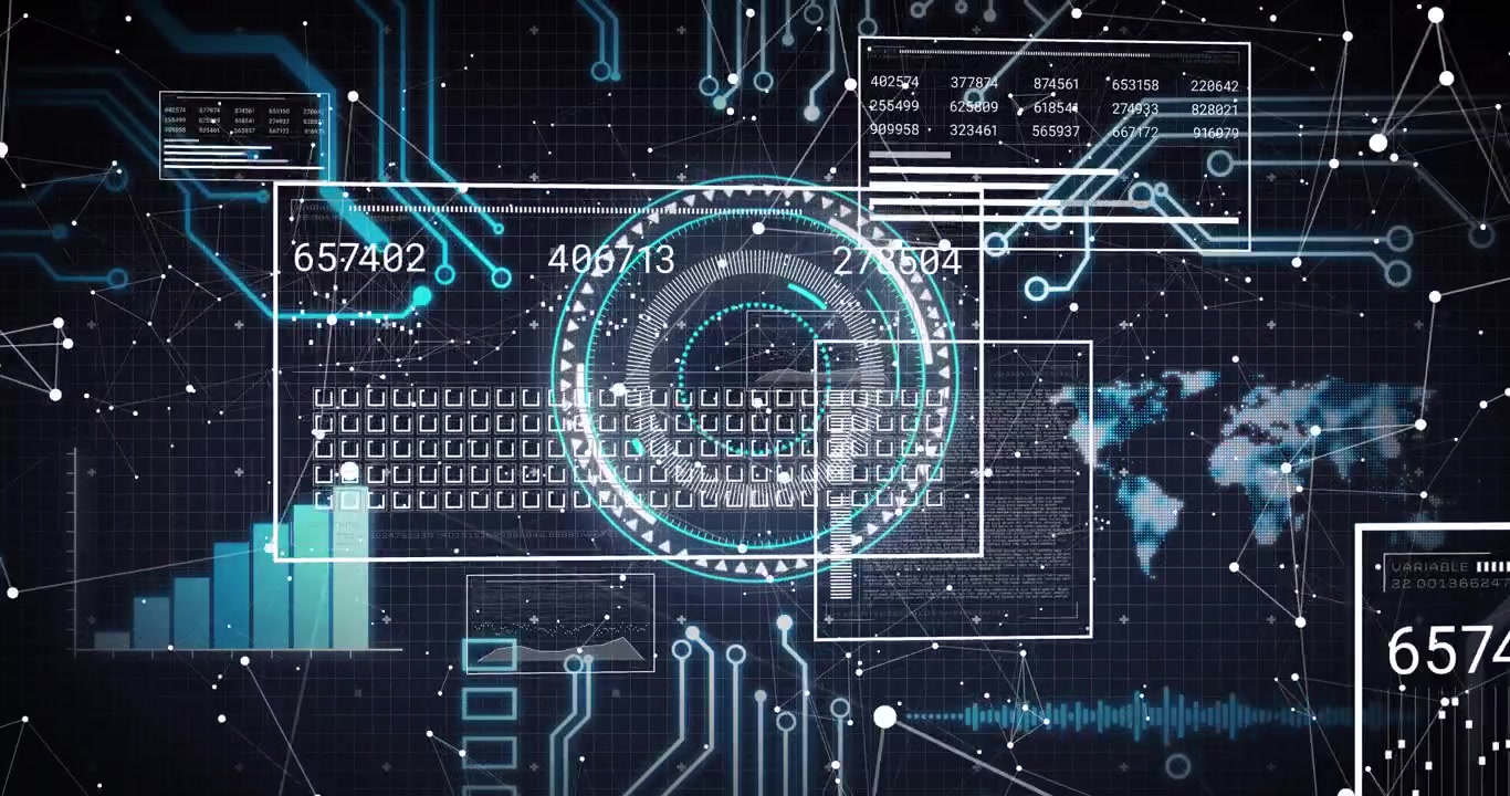 Dark grid fading in initiating circular HUD forming, numbers sliding and updating live data
