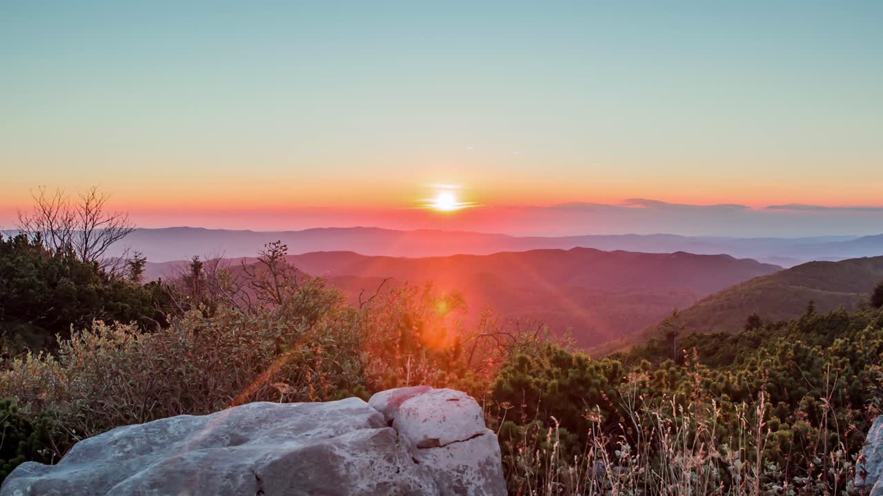 록키산맥 위로 떠오르는 생생한 보라색 분홍빛 일출의 오른쪽에서 왼쪽으로 패닝 샷