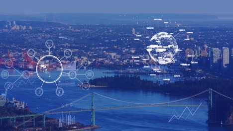 animation of financial data processing and cityscape