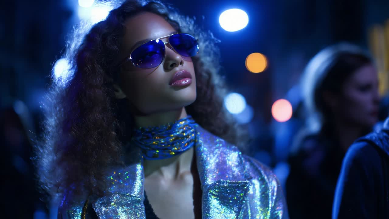 A Stylish Night Out: A Fashionable Model in Shimmering Attire and Sunglasses Amidst a City Scene with Dazzling Lights and an Urban Vibe Capturing the Essence of Modern Street Style
