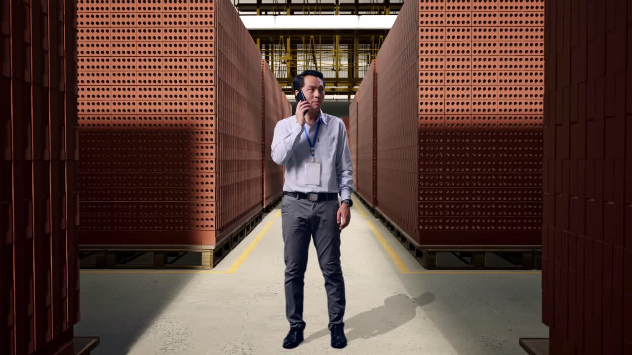 Full Body Of An Asian Male Professional Worker Standing With Red Brick Packed in Stacks Are Stored, He Is Speaking With Someone In The Phone