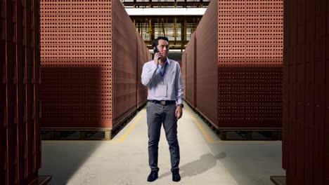 full body of an asian male professional worker standing with red brick packed in stacks are stored, he is speaking with someone in the phone