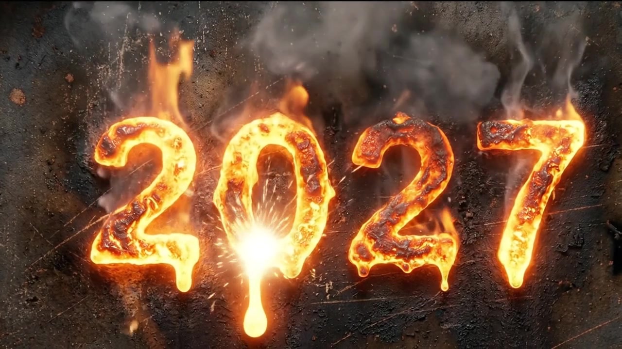Numeri "2027" infuocati su sfondo di metallo scuro