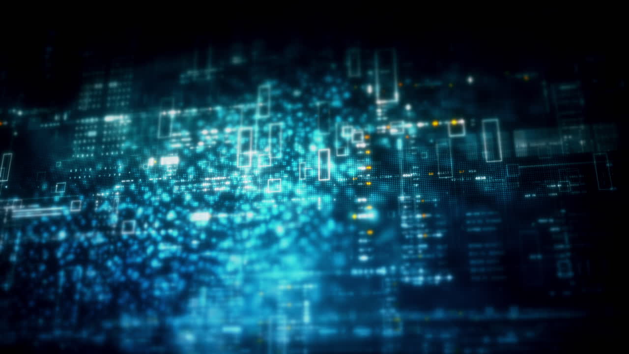 Abstract particle motion with vibrant colors, digital flowing particles, VR, futuristic sci-fi, tech innovation, and immersive cyber space background