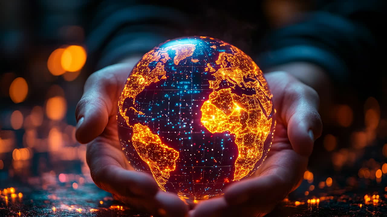 Hands holding a glowing globe at night with bright lights representing cities and continents
