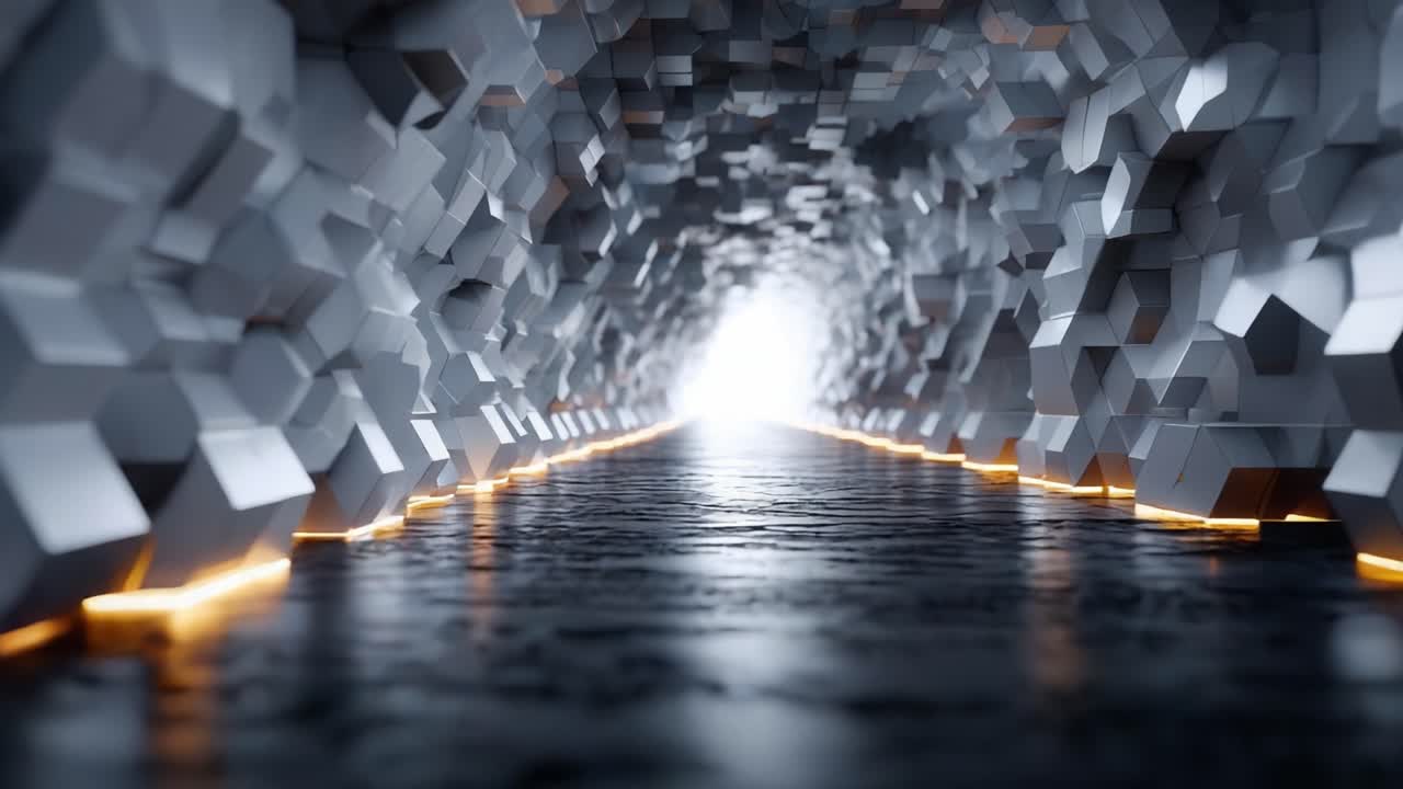 Exploring an Intricate Geometric Tunnel with a Futuristic Glow: A Journey Through a Hexagonal Passageway of Light and Shadows