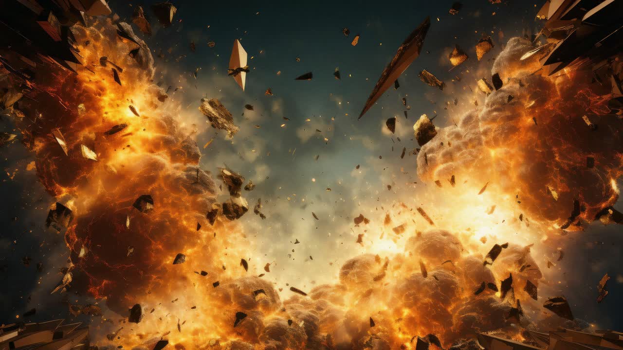 Dynamic explosion captured from a low-angle, showcasing fiery debris and smoke