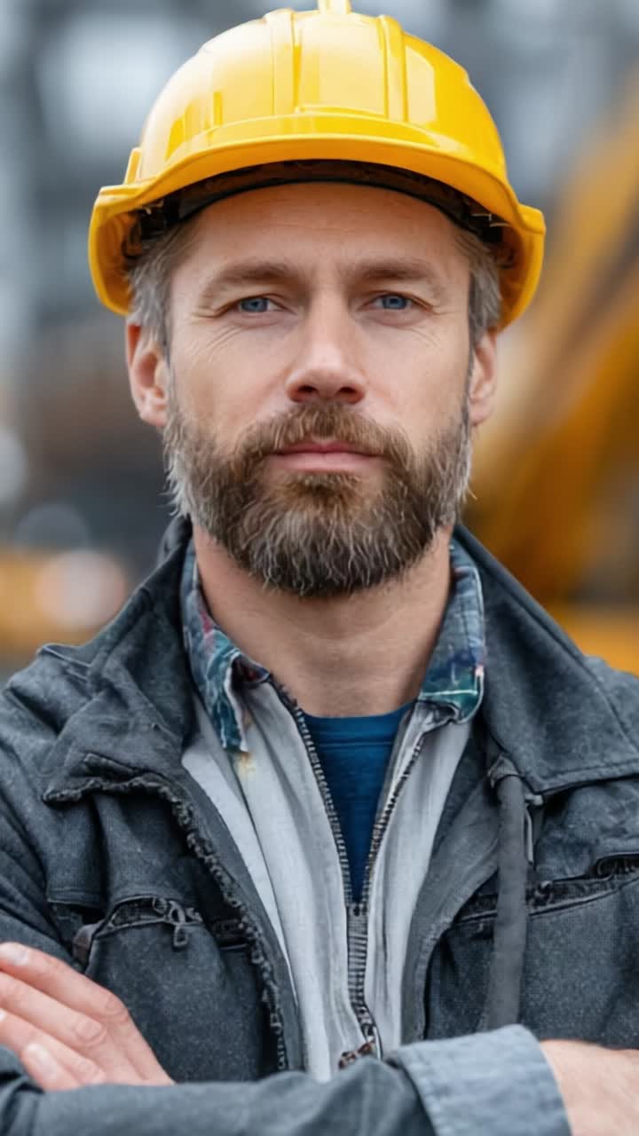 Focused Construction Worker with Yellow Safety Helmet Displaying Confidence and Determination, Ready to Tackle Challenges in Industrial Environment