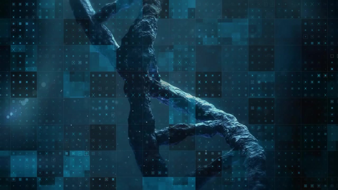 Animation of chromosomes floating over navy background and rotating dna chain