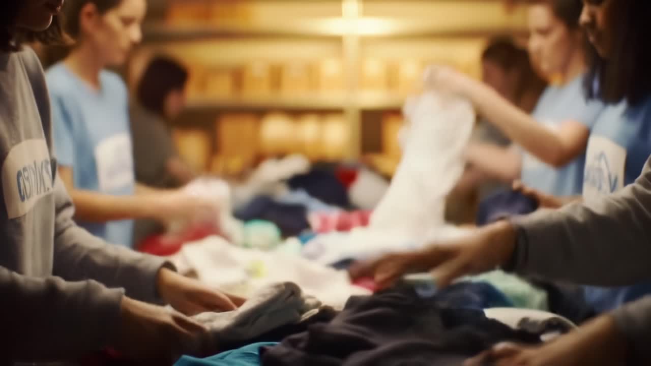 Volunteers Organizing and Folding Clothes Together in a Community Service Project to Support Those in Need in a Warm and Inviting Environment