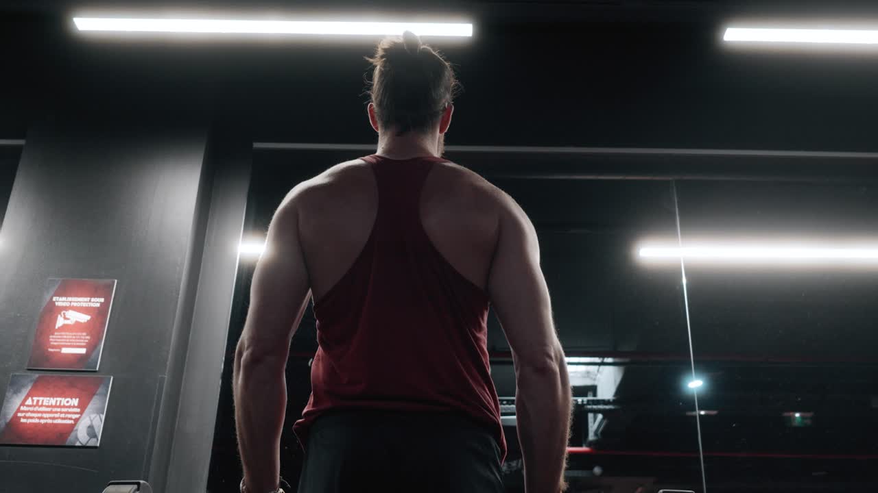 Fixed shot from behind of a muscular young Caucasian man doing weight training, lifting a barbell with weights using his arms, his biceps bulging