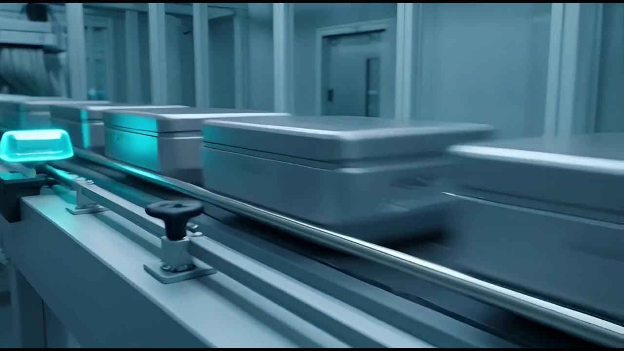 Futuristic Factory with Automated Conveyor Belts and Glowing Lights