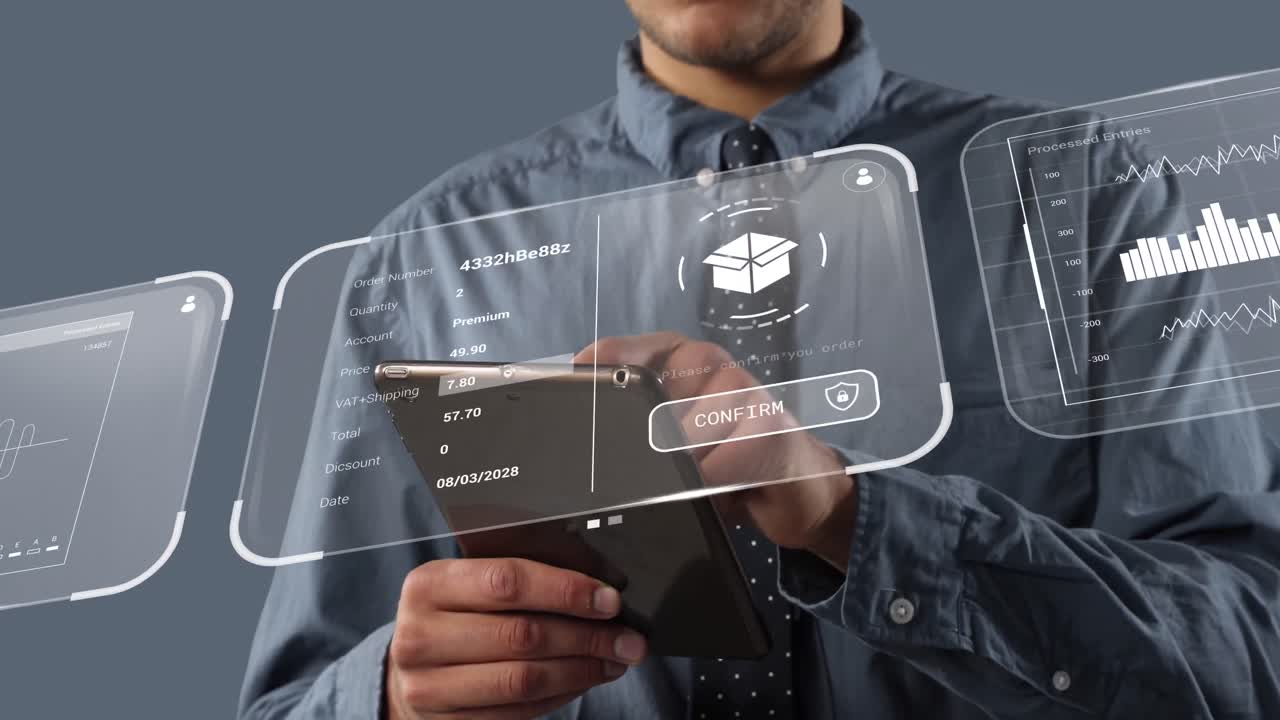 animación de datos sobre hombre de negocios caucásico con tableta