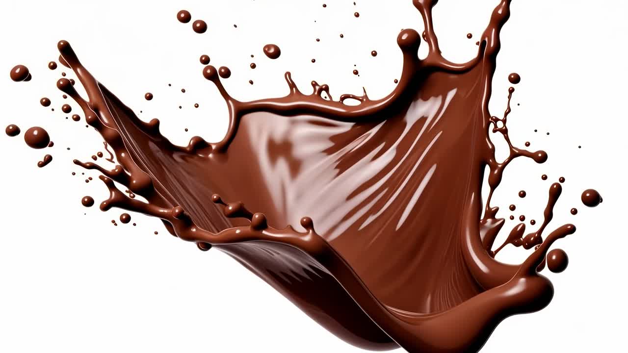 Dynamic close-up video of chocolate splash captured mid-air, showcasing fluid motion and texture