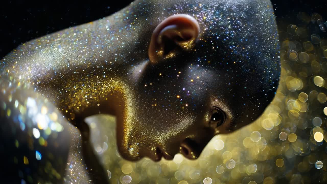 A Captivating Display of Radiance: Close-up Exploration of a Glittering Figure Bathed in Sparkling Light, Highlighting the Nuances of Texture and Color Against a Dazzling Background of Out-of-Focus Luminescence
