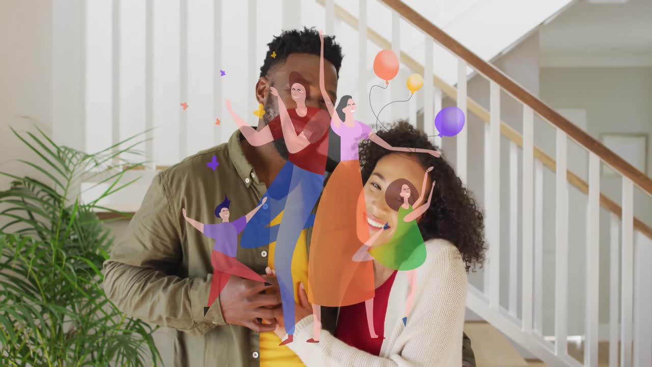 手をつないでいる幸せそうなアフリカ系アメリカ人カップルの上に、家族のアイコンのアニメーション