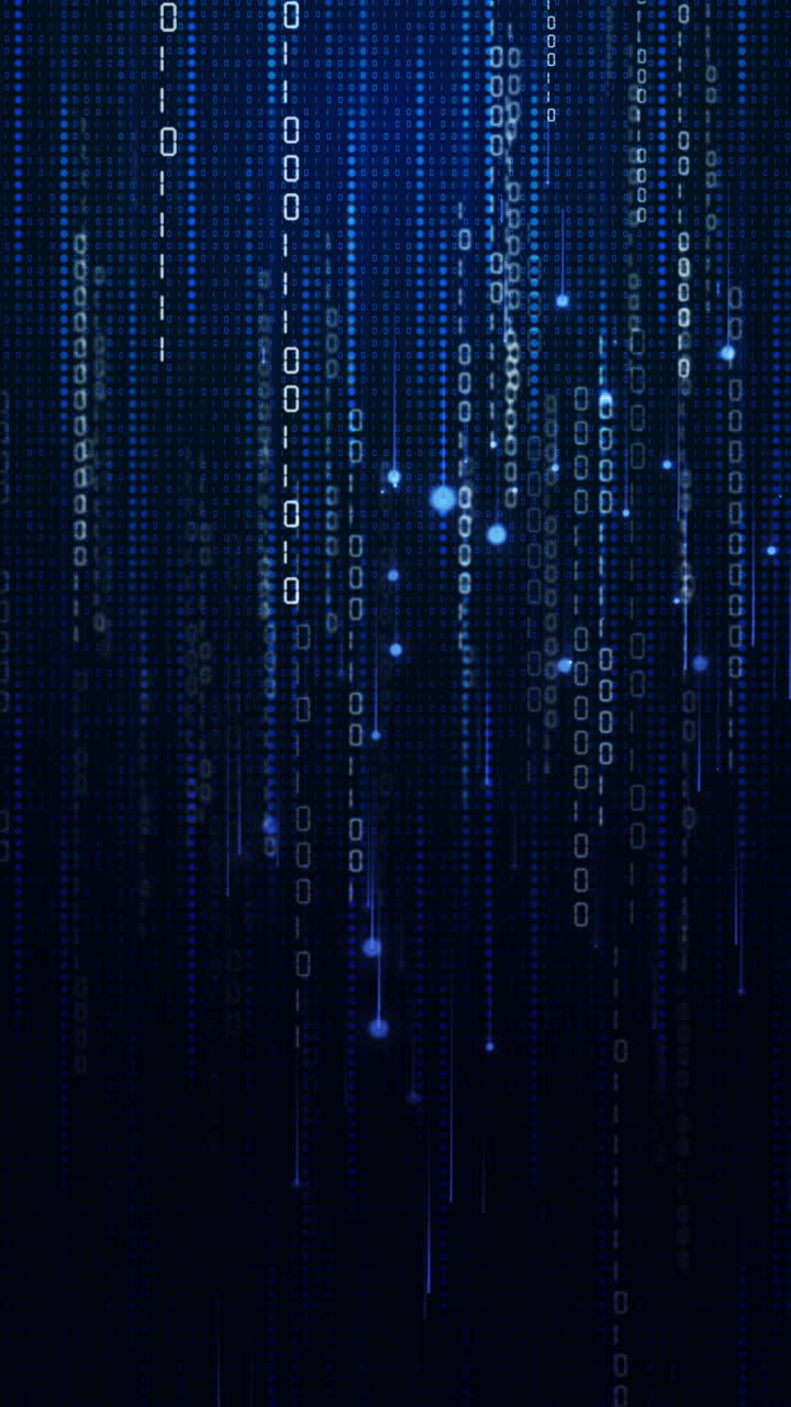 Numbers and bright particles move on a dark blue background. Lines and pixel points. Binary code. Looped. Vertical video.