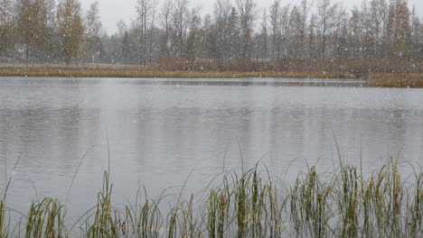 Primera-Nieve-Cayendo-Sobre-El-Lago-En-El-Paisaje-Del-Parque-Otoñal