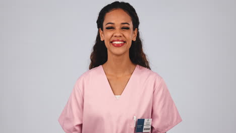 Medical-nurse,-happy-and-a-woman-in-studio